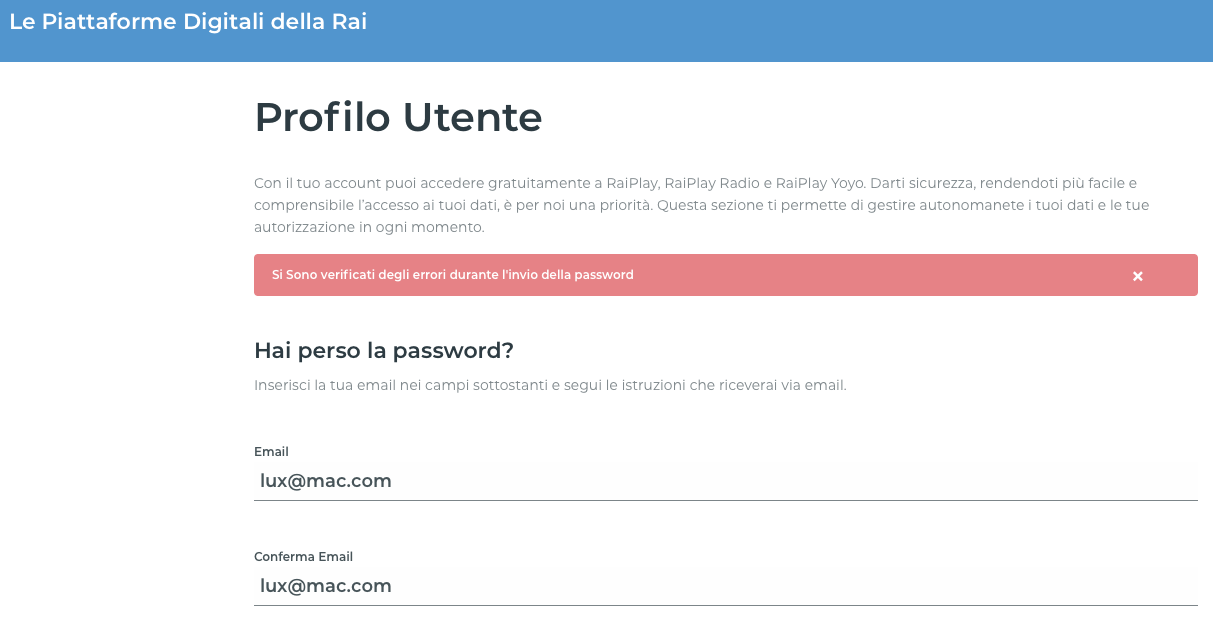 Recupero password su Raiplay Recupero password su Raiplay